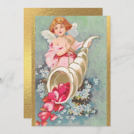 Oude Valentijnsdag Cherubs Harten Goud Feestdagenkaart (Voorkant / Achterkant)