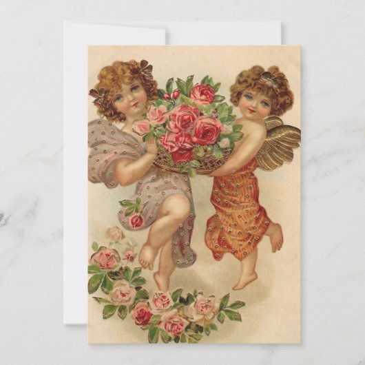 Oude Valentijnsdag Cherubs houden bloemen vast Feestdagenkaart (Voorkant)