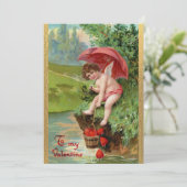 Oude Valentijnsdag Cherubs Rode Harten Feestdagenkaart (Staand voorkant)