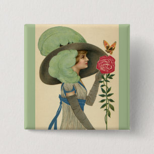 Oude Valentijnsdag, Dame Rode Roos Vlinder Vierkante Button 5,1 Cm