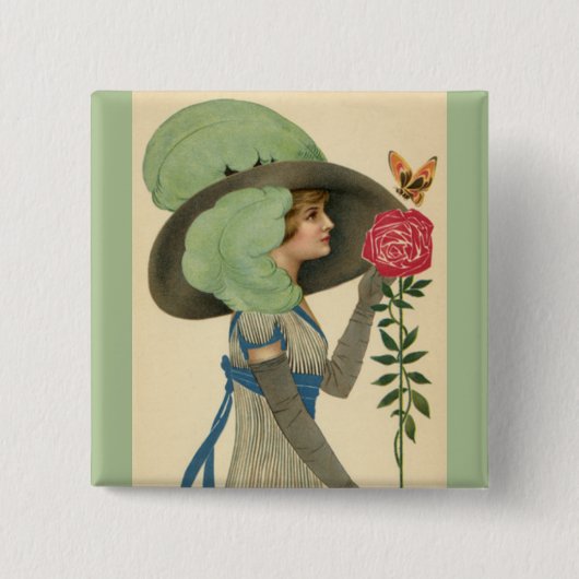 Oude Valentijnsdag, Dame Rode Roos Vlinder Vierkante Button 5,1 Cm (Voorkant)