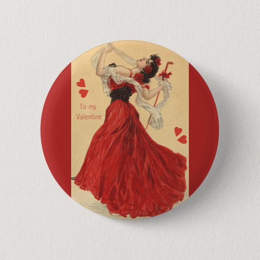 Oude Valentijnsdag, Dansende Dame Rode Harten Ronde Button 5,7 Cm (Voorkant)