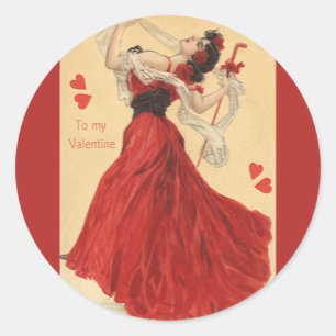 Oude Valentijnsdag, Dansende Dame Rode Harten Ronde Sticker