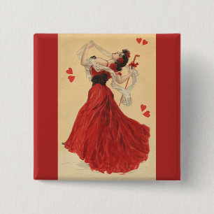 Oude Valentijnsdag, Dansende Dame Rode Harten Vierkante Button 5,1 Cm