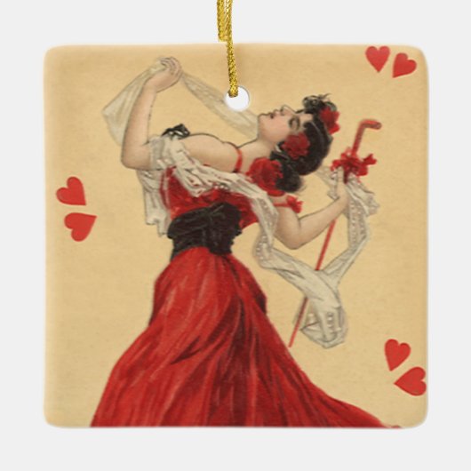 Oude Valentijnsdag, Dansende Dame Rood Hartjes Keramisch Ornament (Voorkant)