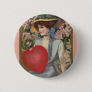 Oude Valentijnsdag, Elegante Dame met Hart Ronde Button 5,7 Cm