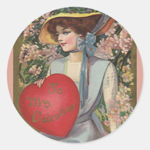 Oude Valentijnsdag, Elegante Dame met Hart Ronde Sticker