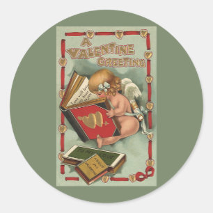 Oude Valentijnsdag engel, Cupido leest boek Ronde Sticker