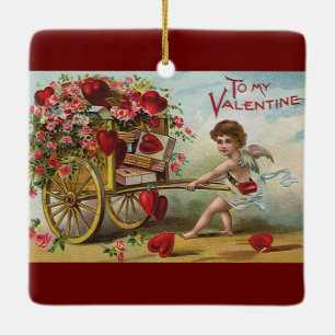 Oude Valentijnsdag engel, Kar met liefdeshartjes Keramisch Ornament