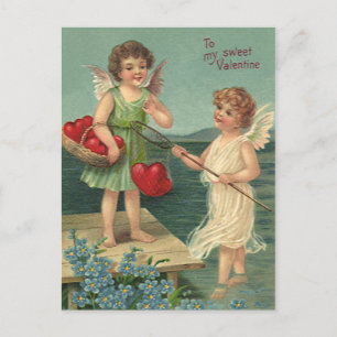 Oude Valentijnsdag, engelen vissen naar harten Feestdagenkaart