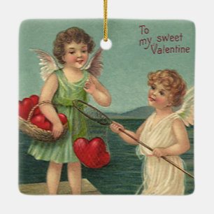 Oude Valentijnsdag, engelen vissen naar harten Keramisch Ornament