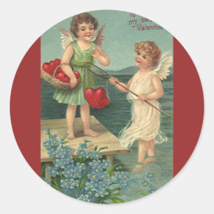 Oude Valentijnsdag, engelen vissen naar harten Ronde Sticker
