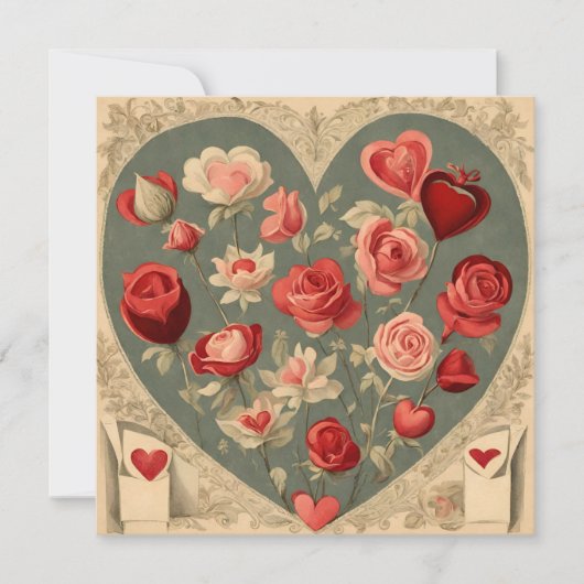 Oude Valentijnsdag Hart met Rozen  Feestdagenkaart (Voorkant)