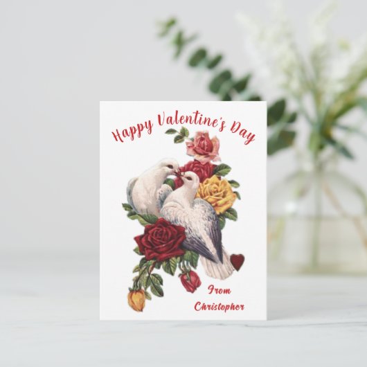 Oude Valentijnsdag kaart bloemenduil hartjes (Staand voorkant)