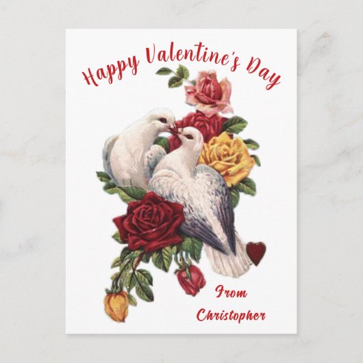 Oude Valentijnsdag kaart bloemenduil hartjes (Voorkant)