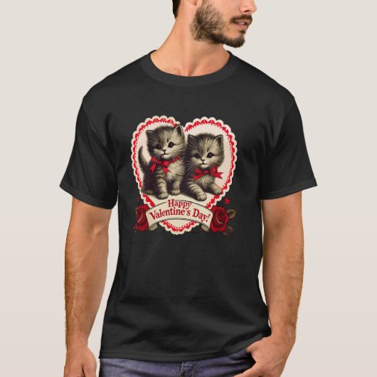 Oude Valentijnsdag Kat Kitten Kitty Retro Val T-shirt (Voorkant)