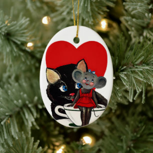Oude Valentijnsdag, Kat Muis Theekopje Hart Keramisch Ornament