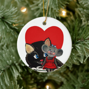 Oude Valentijnsdag, kat muis theekopje hart Keramisch Ornament