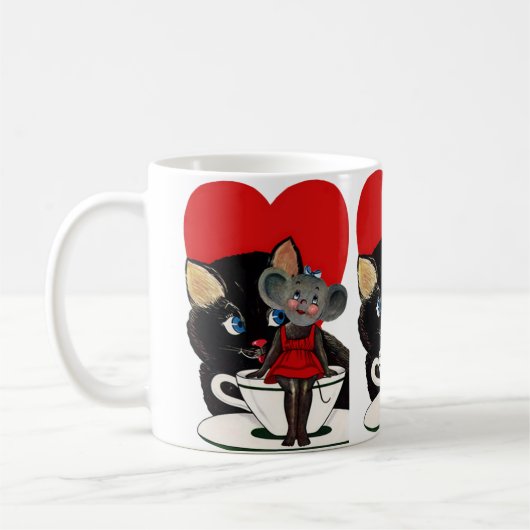 Oude Valentijnsdag, kat muis theekopje hart Koffiemok (Links)