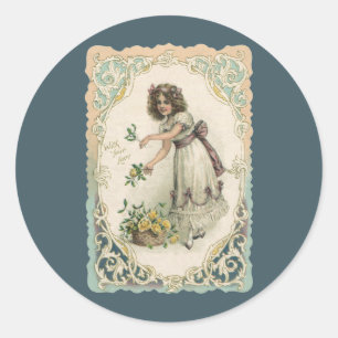 Oude Valentijnsdag, Victoriaans meisje met rozen Ronde Sticker