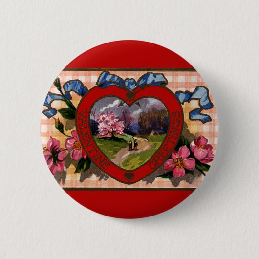 Oude Valentijnsdaggroeten Hart en Bloemen Ronde Button 5,7 Cm (Voorkant)