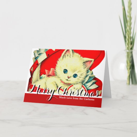 Oude Valentijnswitte kitten in rode hartendoos Feestdagen Kaart (Voorkant)