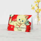 Oude Valentijnswitte Kitten in Rood Hartendoosje Kaart (Gele Bloem)