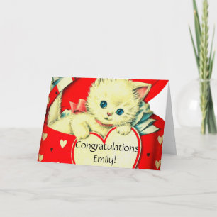 Oude Valentijnswitte Kitten in Rood Hartendoosje Kaart