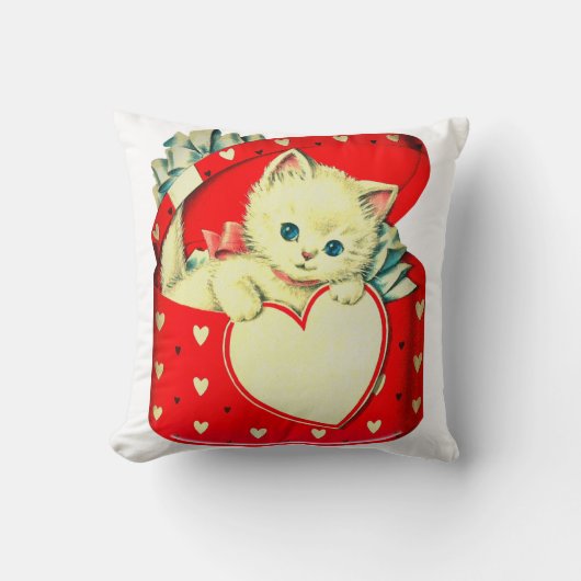 Oude Valentijnswitte Kitten in Rood Hartendoosje Kussen (Voorkant)