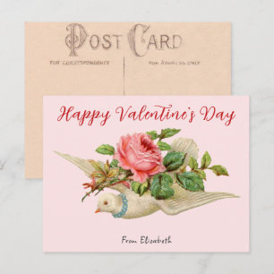 Oude valentina-duif en rozen roze valentijnsdagkaa briefkaart