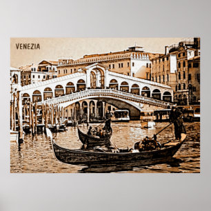  Oude Venetië Rialto Bridge Gondola Etching Poster