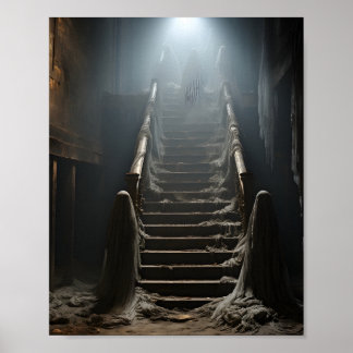 Oude verlaten huis spookachtige geesten op de trap poster