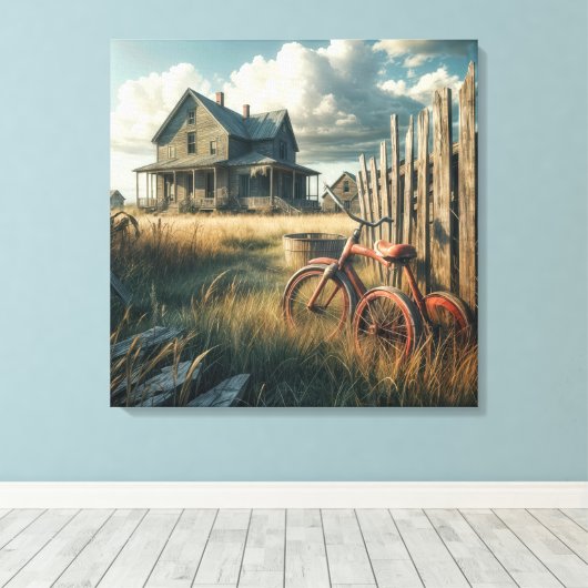 Oude verlaten rode driewieler canvas afdruk (Insitu (Houten vloer))