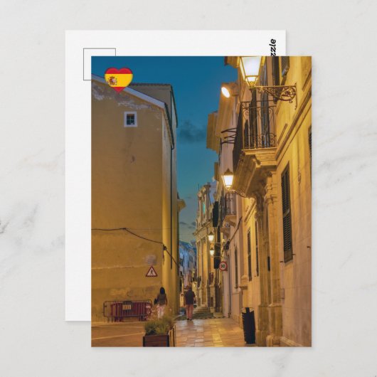Oude verlichte smalle straat in Mahon - Menorca Briefkaart (Voorkant / Achterkant)
