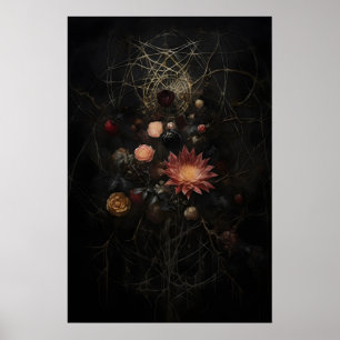 Oude verwelkte bloemen in spinnenwebafdruk, somber poster