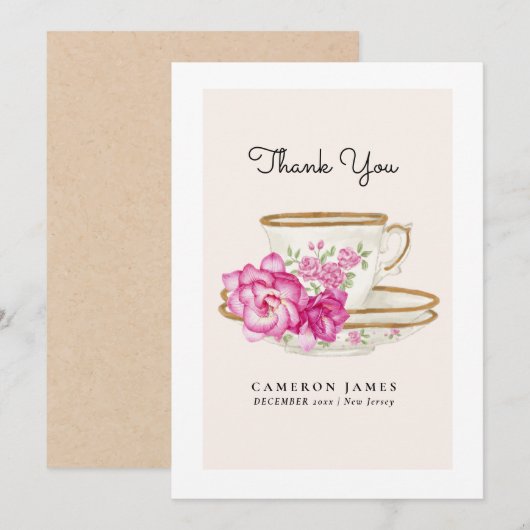 Oude Victoriaanse bloem theekopje roos theepartij Bedankkaart (Voorkant / Achterkant)