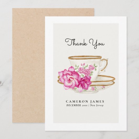 Oude Victoriaanse bloemige theekopje rozen theepar Bedankkaart (Voorkant / Achterkant)
