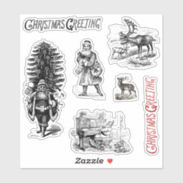 Oude Victoriaanse Kerst Groet Santa Herten  Sticker
