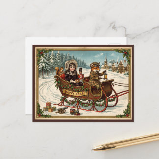 Oude victoriaanse kerst vos slee rit feestdagenkaart