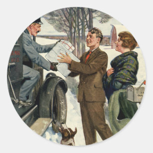 Oude victoriaanse kerstbriefbesteller levert pakke ronde sticker