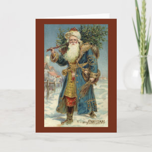 Oude victoriaanse kerstman met kerstboom feestdagen kaart