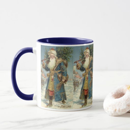 Oude victoriaanse kerstman met kerstboom mok (Met donut)