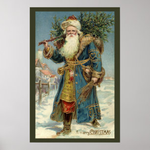 Oude victoriaanse kerstman met kerstboom poster