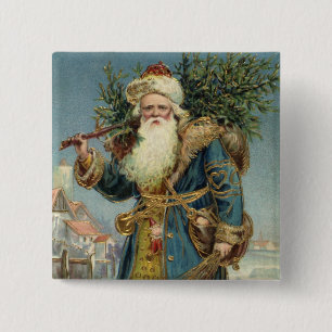 Oude victoriaanse kerstman met kerstboom vierkante button 5,1 cm