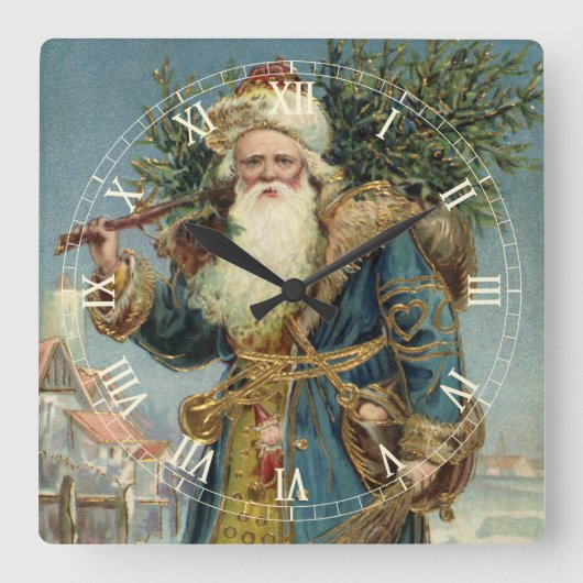 Oude victoriaanse kerstman met kerstboom vierkante klok (Voorkant)