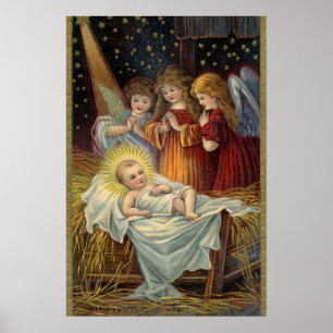 Oude Victoriaanse Kerststal Engelen Poster