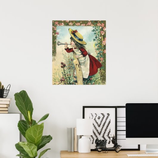 Oude victoriaanse kind, meisje dat bugel blaast we poster (Thuiskantoor)
