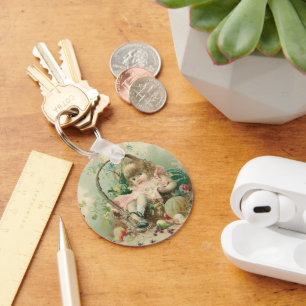 Oude Victoriaanse kind, meisjes lente fruitmand Sleutelhanger