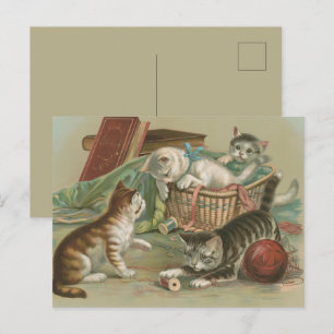 Oude Victoriaanse Kittens Spelen in Naaimand Briefkaart