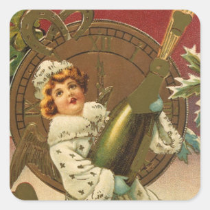 Oude victoriaanse nieuwjaarsavond champagne engel vierkante sticker